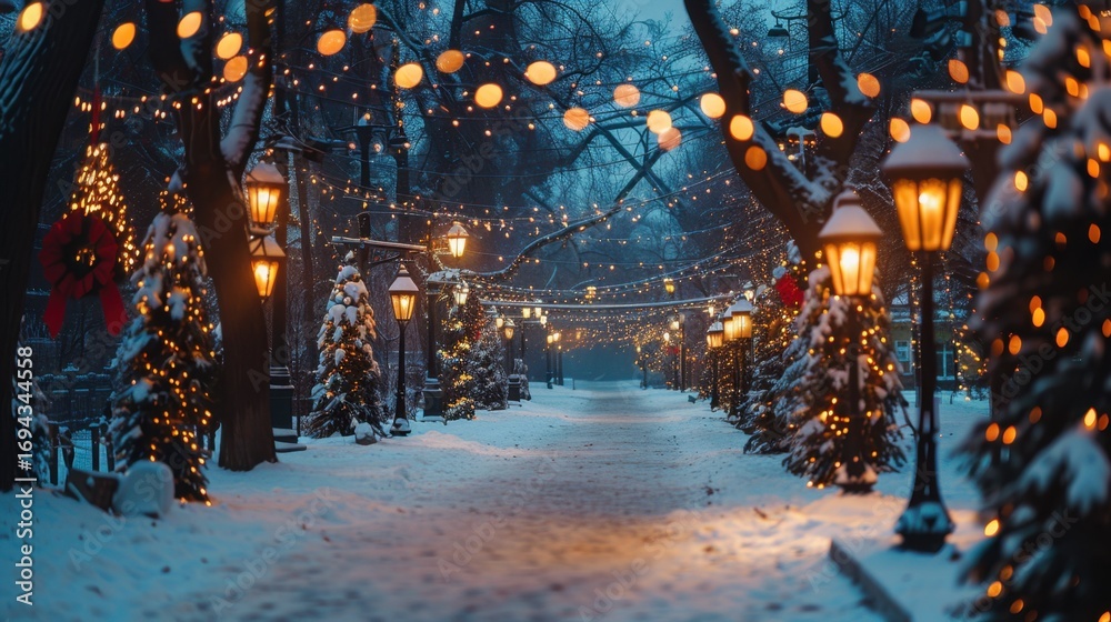 Naklejka premium Winter Wonderland with Snow, Street Lamps, and Christmas Lights