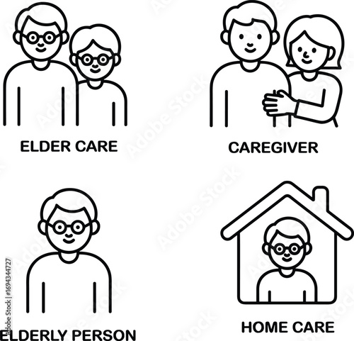 Elder care icon set, caregiver and senior illustration, home care symbol, black and white line drawing