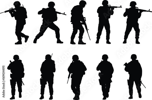 Armed soldier silhouettes, military personnel, tactical poses, combat readiness, army training, defense forces, weapon handling, warfare