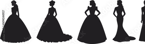 Formal dress silhouette, elegant women, ballgown styles, evening gown, fashion design, black and white, bridal, runway collection