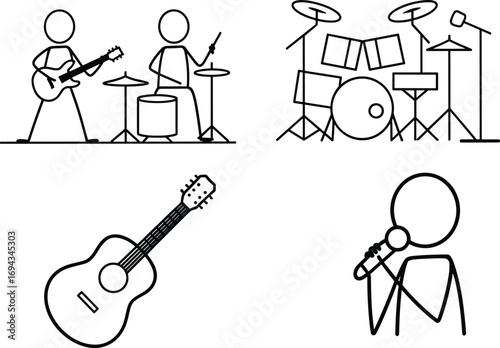 Music icon set, guitarist, drummer, singer, acoustic guitar, concert performance silhouette, black and white drawing