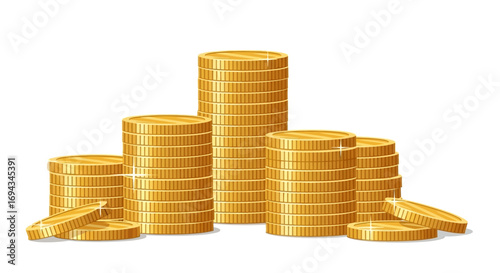 Several stacks of golden coins, some scattered, representing wealth and financial gain.