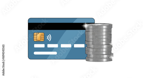 A blue credit card and a stack of shiny silver coins, representing finance.