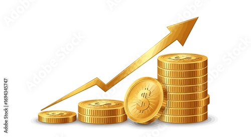 Illustration of gold coins stacked in increasing piles with a golden arrow pointing upwards, symbolizing financial growth and investment success.