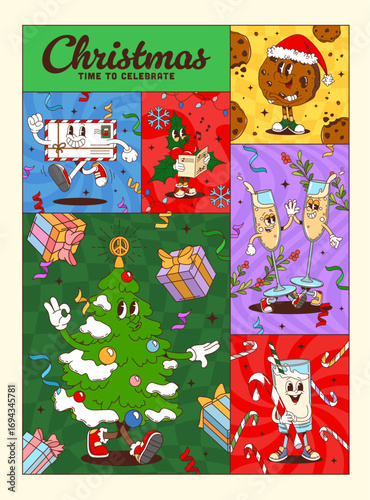 Winter Christmas groovy characters posters for holiday with funny cookies, vector retro cartoon. Groovy posters with funky Christmas tree, freaky champagne glasses with happy faces for New Year cheers