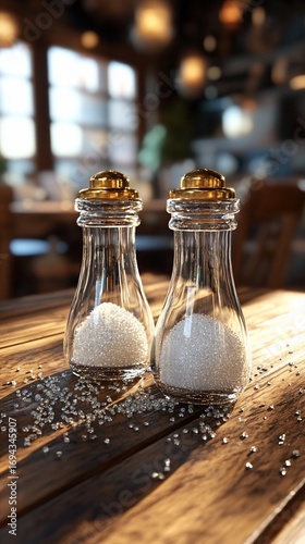 Salt and pepper shakers on a wooden table in a restaurant