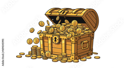 Overflowing wooden treasure chest spilling gold coins.