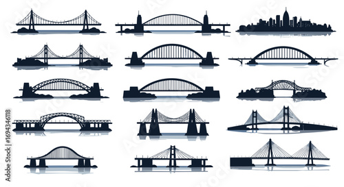 Collection of bridge silhouettes showcasing various architectural designs and structural elements in dark tones