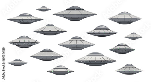 A collection of gray ufos of varying sizes scattered across a white background in a random arrangement