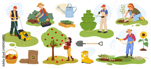 Farmer gardener and farm worker characters, vector agriculture people. Cartoon farmer men and women working at farm field and garden. Gardeners watering crop plants and vegetables, harvesting fruits