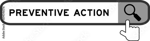 Search banner in word preventive action with hand over magnifier icon on white background