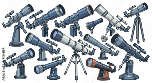 Illustration showing a collection of telescopes in various styles and configurations for astronomy use