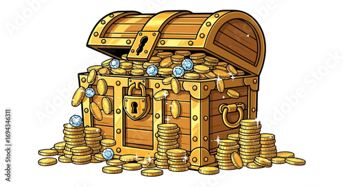 A cartoon illustration of a wooden treasure chest overflowing with gold coins and jewels, a symbol of wealth.