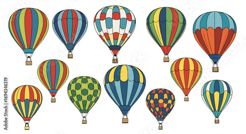 Collection of eleven colorful hot air balloons with different patterns floating in the sky illustration