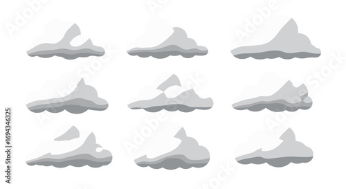 Collection of cartoon cloud puffs in various shapes and sizes displayed on a white background evenly spaced
