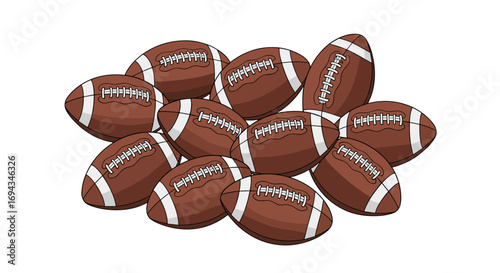 A collection of american footballs clustered together with white laces and brown leather texture design element