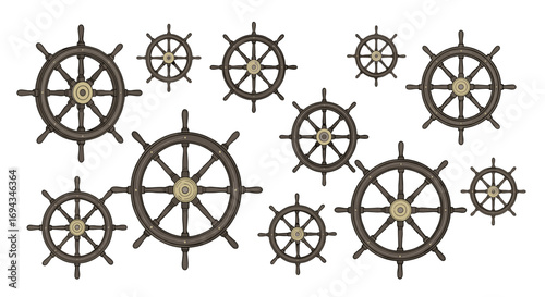 A collection of ship steering wheels of varying sizes arranged on a plain white background scene view