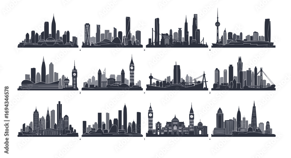 Obraz premium Twelve different city skyline silhouettes arranged in a grid pattern showing various architectural styles
