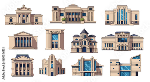Collection of diverse architectural styles showcasing various building designs and museum structures