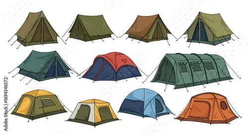 Illustration showcasing a variety of camping tents in different shapes colors and styles arranged together