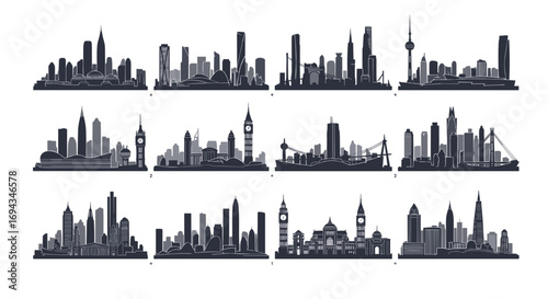 Twelve different city skyline silhouettes arranged in a grid pattern showing various architectural styles