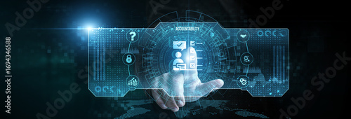 Businessman touching the accountability icon on the digital screen analysing data. compliance, transparency, reporting, performance tracking, responsibility.