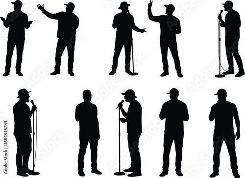 Public speaker, singer, performer, silhouette bundle, microphone stand, stage presence, gesture, pose, communication, expression, black figure, vocal artist, speech