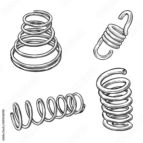 metal spring vector line art hand drawn illustration set collection