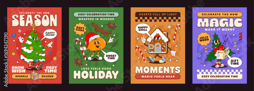 Christmas groovy characters posters, xmas hippie personages. Vector festive holiday cards featuring cartoon y2k decorated tree, gingerbread house, orange in a Santa hat, and holly leaf singing carols