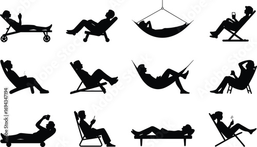 Relaxation silhouette, lounging person, drink in hand, leisure seating, hammock, recliner, deck chair, comfort, lifestyle concept