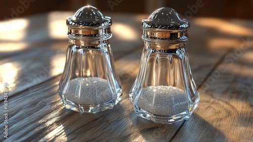 Salt shakers on table with sunlight, background blurred. Use food presentation