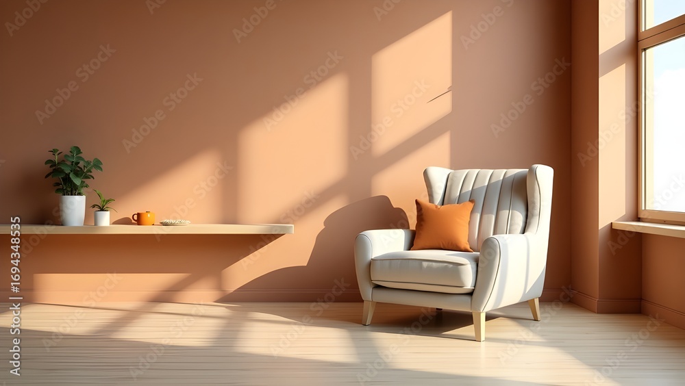 Fototapeta premium A 3D rendering of a minimalist home interior with an armchair against an empty orange wall.