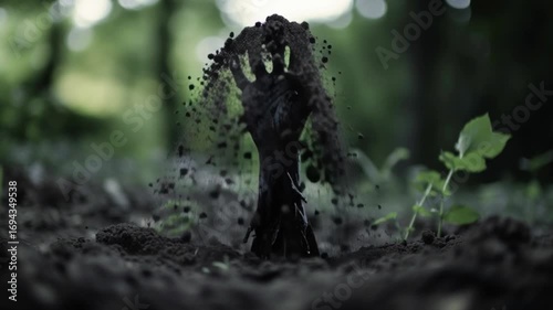 Zombie hand rising from the ground in dark forest horror scene creepy undead arm breaking through soil scary halloween concept nightmare spooky terror fear death resurrection haunted graveyard fantasy
