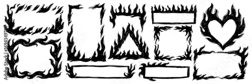 Hand drawn doodle frames with fire flames set in sketch scribble crayon style, Halloween spooky decorative borders scary outline illustration isolated