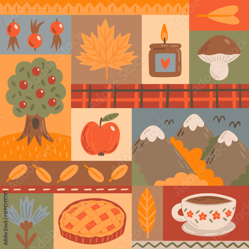 Cute autumn abstract seamless pattern in patchwork style. Vector bright texture with seasonal symbols. Hand-drawn illustration. Template for wrapping paper or textile.