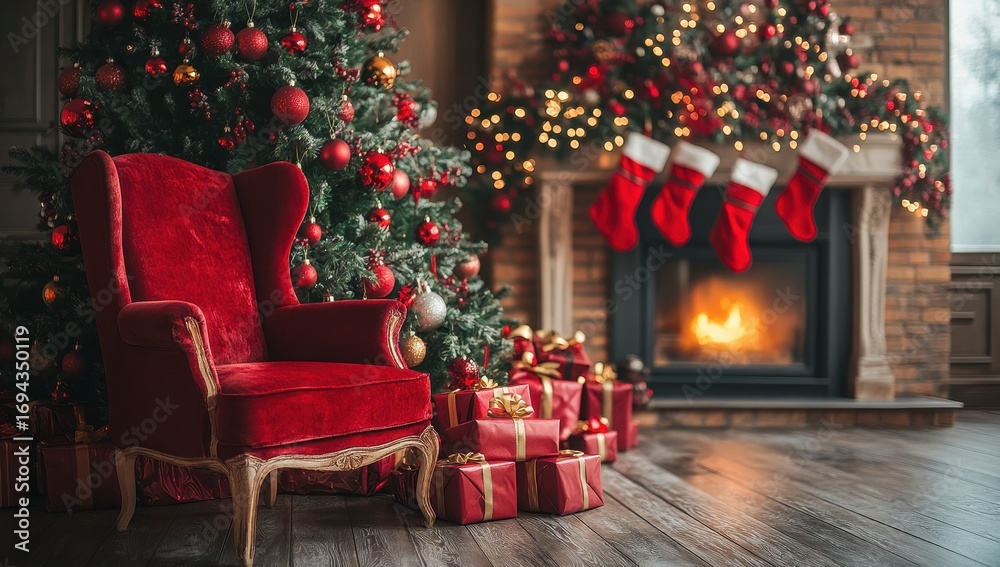 Obraz premium Festive holiday setting featuring a cozy fireplace, decorated Christmas tree, and red armchair with wrapped gifts underneath