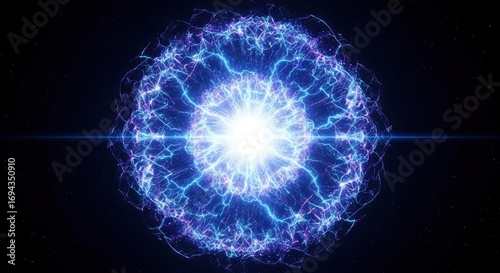 A brilliant spherical energy core radiates intense white light enveloped by intricate blue and purple plasma arcs against a dark star-filled cosmic backdrop with a central light streak