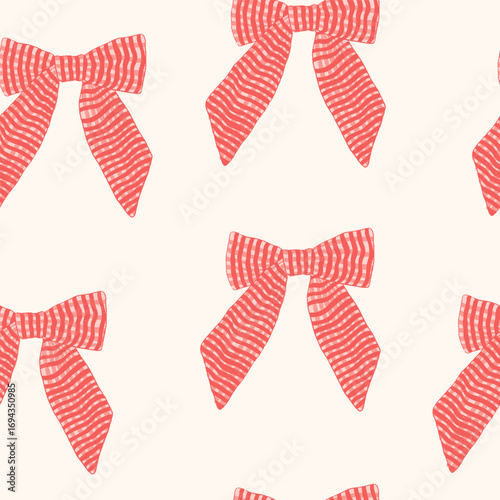 Crayon bows seamless pattern. Christmas vintage knots and ribbons background. Holiday chalk cute present design. Coquette and balletcore aesthetic. Vector hand drawn doodle striped ribbon bows.