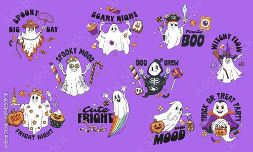 Halloween ghosts, Y2K groovy character stickers for horror night holiday, cartoon vector set. Groovy Halloween boo ghost stickers with pumpkin lantern in dead skeleton or Dracula vampire costume