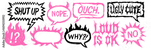 Expressive doodle comic speech bubbles and bursts set in sketch scribble crayon style, spooky Halloween frames dynamic outline decoration isolated illustration