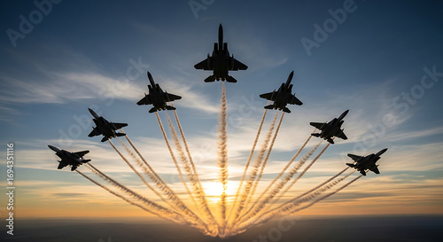 A formation of eight jets spraying vapor streaks outward as they fly in a dramatic sunrise/sunset sky, 4K and HD