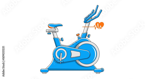 Blue stationary exercise bike with heart rate monitor graphic.