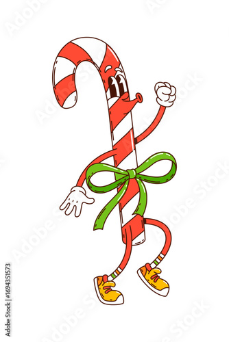 Cartoon groovy candy cane or sweet and bakery character, vector funny personage. Groovy candy cane caramel with happy face and whistling melody as funky retro groovy dessert or pastry character