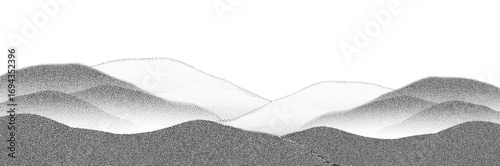 Pointillist mountain illustration with halftone texture, retro photocopy noise and grunge collage aesthetic.