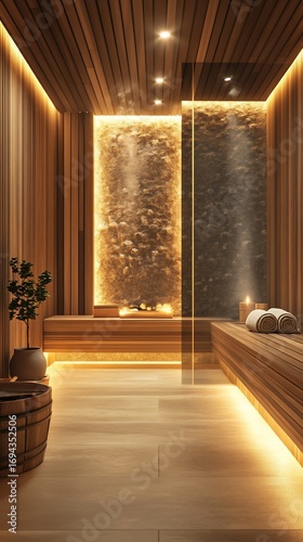 Sauna with wooden benches and waterfall wall, lit with warm light, for wellness