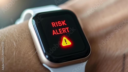 Proactive risk management alert smartwatch screen for safety, health monitoring, emergency notification, and warning user