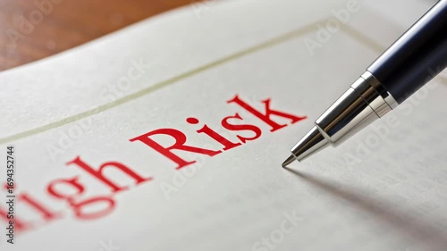 Proactive risk management strategies with pen highlighting high risk text document for effective decision making and successful