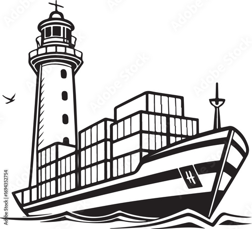 Container Ship and Lighthouse Illustration – Maritime Transport, Sea Navigation and Logistics Concept