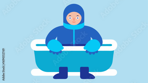 Adaptive Gear The individual wearing specially designed thermal gloves and booties while immersed in the cold tub showcasing adaptation for comfort.