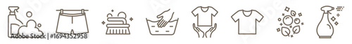 Self-service laundry, hand washing, laundry service, linear set isolated on transparent background. T-shirt linear icon, hand wash, dry on air, detergent, etc. Lingerie line icons. Editable Stroke.